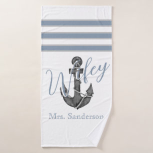 Wifey Nautical Monogram Dusty Blue Anchor Beach Bath Towel