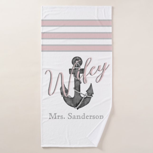 Wifey Nautical Monogramme Dusty Rose Ancre rose (Serviette de bain)
