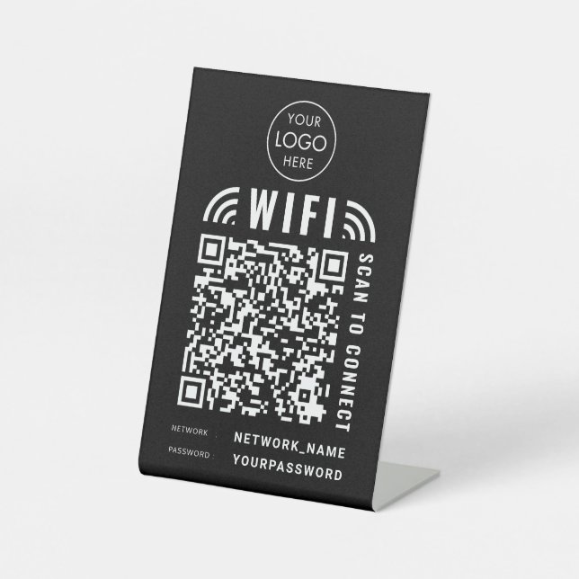 Wifi QR Code Business Logo Scan to Connect Black Pedestal Sign (Front)