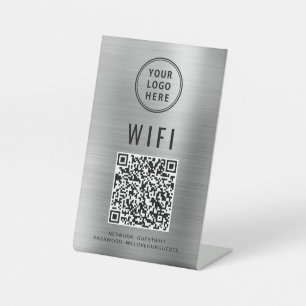 Wifi QR Code Business Logo Scan To Connect Silver Pedestal Sign