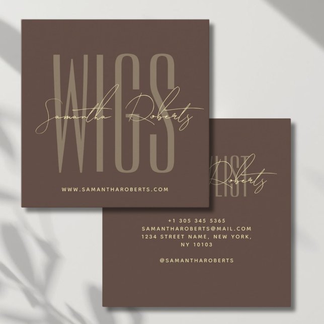 Wig stylist modern typography script brown square business card (Creator Uploaded)