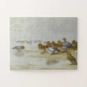Wigeon and Teal by the water's edge, Art  Jigsaw Puzzle