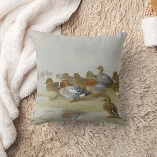 Wigeon and Teal by the water's edge, Art  Throw Pillow (Blanket)