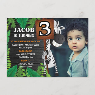 Wild 3 Safari  Custom Photo Birthday Invitation