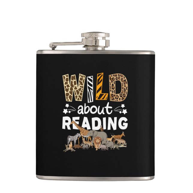 Wild About Reading Books And Bookworm Library Hip Flask (Front)