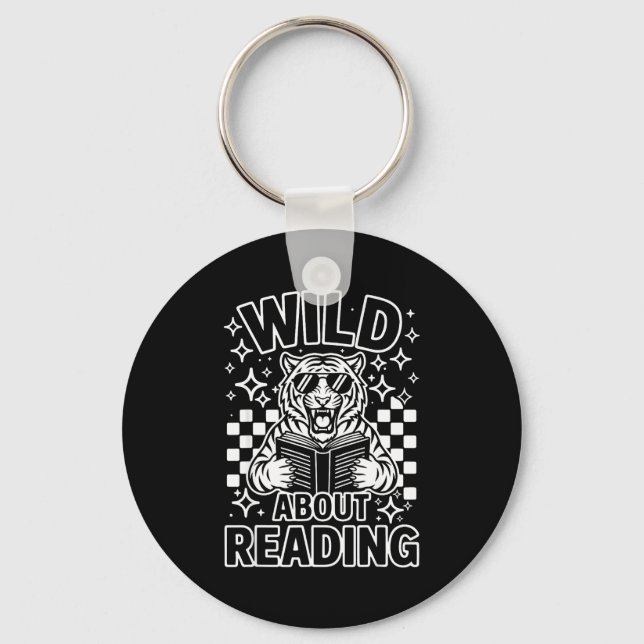 Wild about reading cool tiger sunglasses read book keychain (Front)