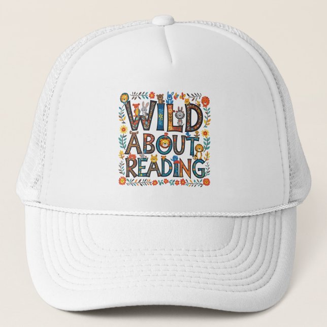 Wild About Reading Cute Jungle Animals Book Lover Trucker Hat (Front)