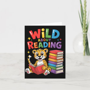 Wild about reading cute leopard teacher kids book card