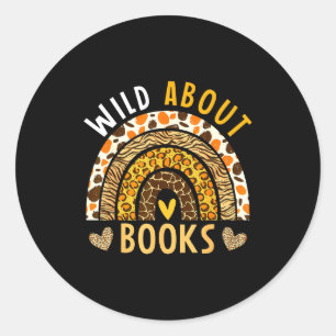 Wild about reading leopard rainbow book lover  classic round sticker