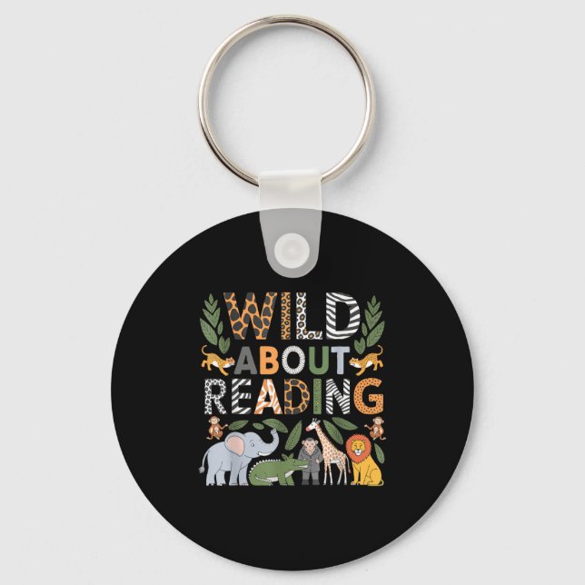 Wild about reading reading books and bookworm keychain (Front)