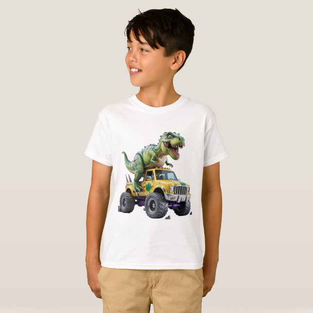 Wild Adventure Dinosaur Driving Giant Truck T-Shirt (Front Full)