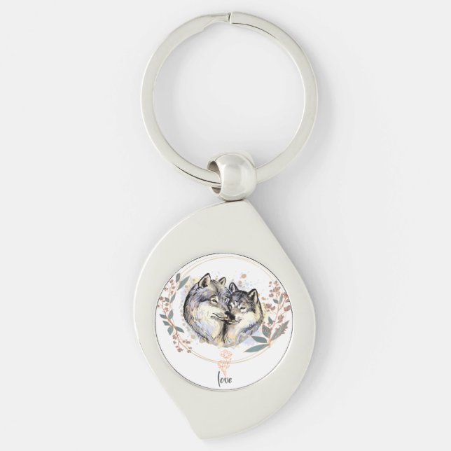 Wild Affection – Wolves in Love Illustration Keychain (Front)