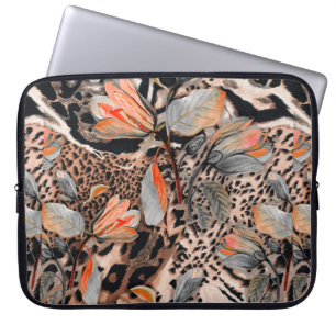 Wild african animal skin with browm flowers patter laptop sleeve