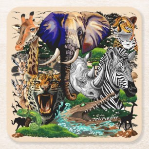 Wild African Savanna Animals Square Paper Coaster