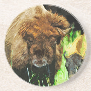 Wild American Bison With Calf Abstract Coaster