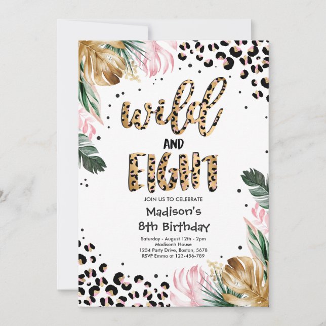 Wild And Eight Leopard Print 8th Birthday Party Invitation (Front)