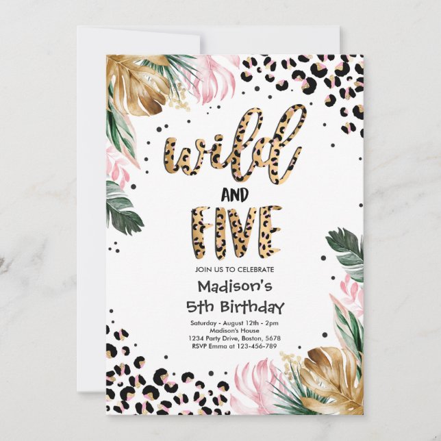 Wild And Five Leopard Print 5th Birthday Party Invitation (Front)