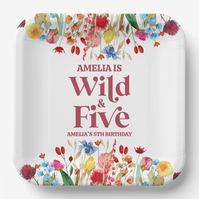 Wild and Five Wildflower 5th Fifth Birthday Party Paper Plate (Front)