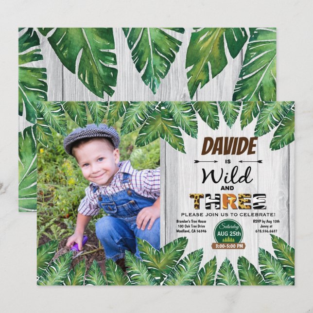 Wild and free 3rd birthday party photo invitation (Front/Back)