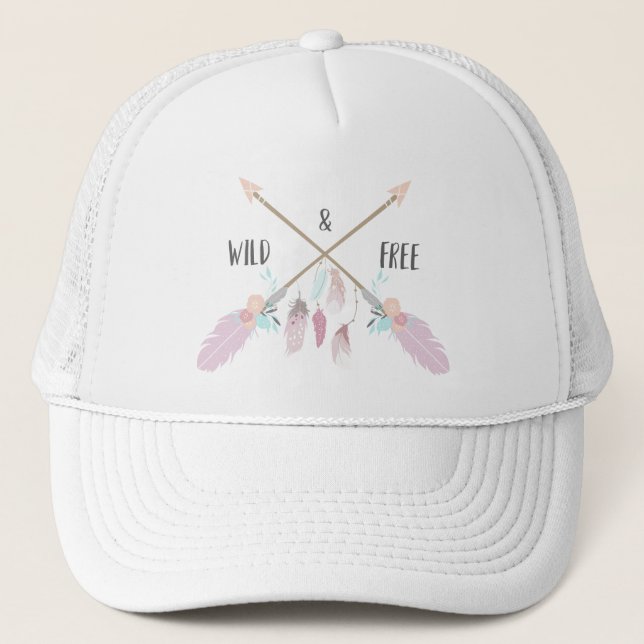 Wild And Free Boho Feathers Typography Trucker Hat (Front)