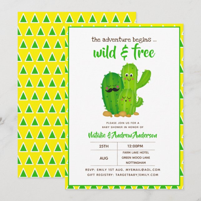 Wild and Free Cactus Family Modern Yellow Green Invitation (Front/Back)