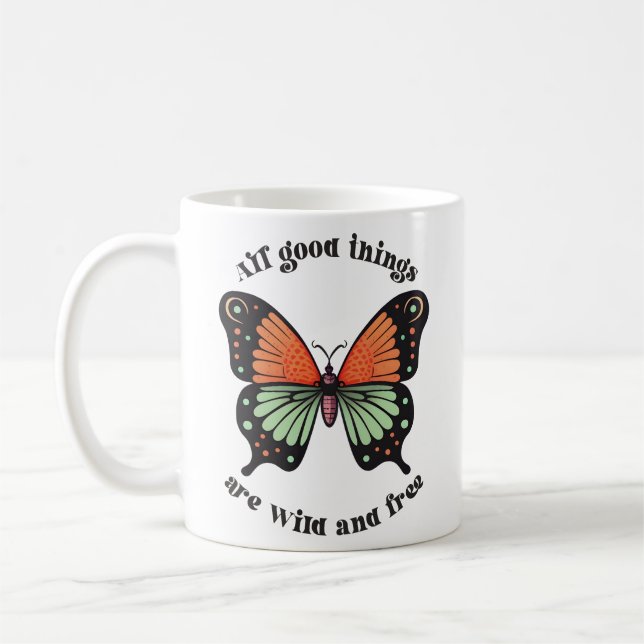 Wild And Free Modern Boho Butterfly Typography Coffee Mug (Left)