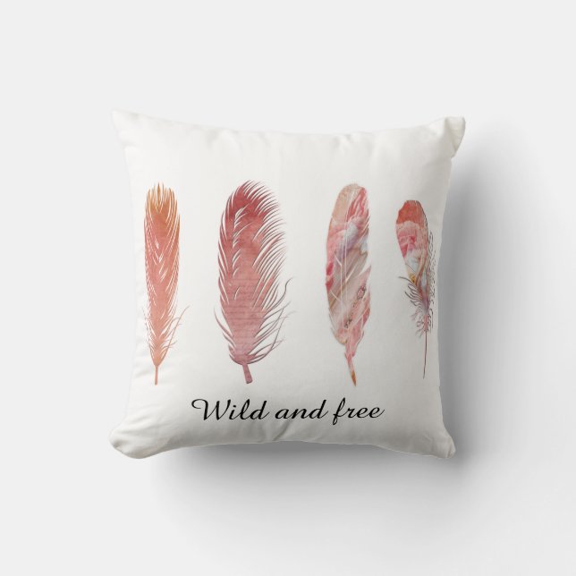 Wild and free pink and peach feathers on white throw pillow (Front)