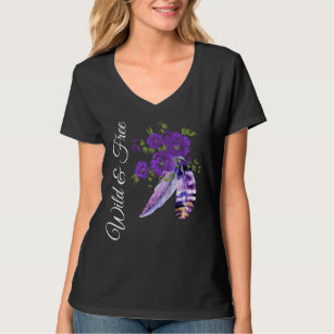 Wild and Free - Purple Floral and Feathers  T-Shirt