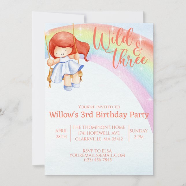 wild and free rainbow third birthday  invitation (Front)