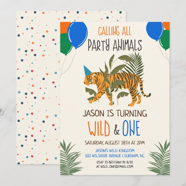 Wild and One Jungle Zoo Birthday Invitation Boy (Front/Back)