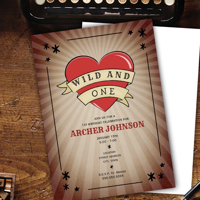 Wild and One Tattoo Heart First Birthday Invitatio Invitation (Creator Uploaded)