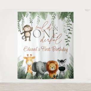 Wild And Onederful Jungle 1st Birthday Backdrop Tapestry