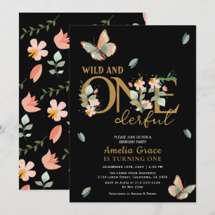 Wild and onederful peach floral 1st birthday  invitation