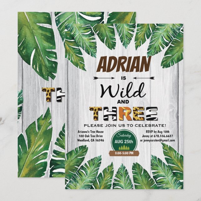 Wild and Three birthday invitation. Boy jungle Invitation (Front/Back)