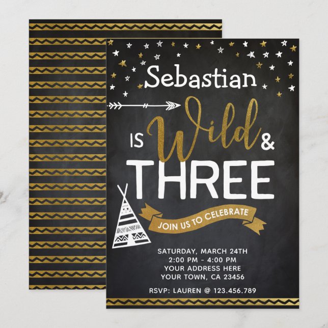 Wild and Three Birthday Invitation Chalkboard (Front/Back)