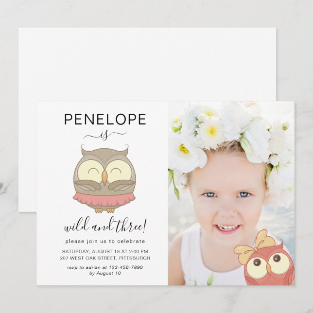 Wild and Three Cute Owls Photo Birthday Party Invitation (Front/Back)
