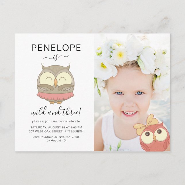 Wild and Three Cute Owls Photo Birthday Party Invitation Postcard (Front)