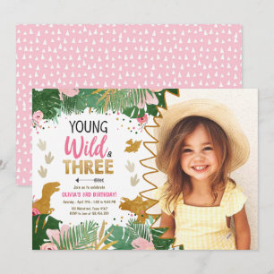 Wild and Three DinoGirl Pink Dinosaur 3rd Birthday Invitation