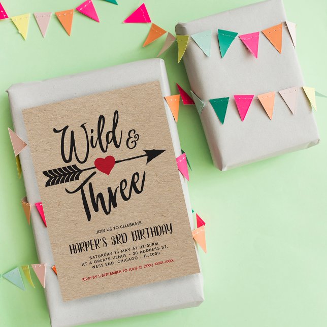 Wild and Three Modern Third Year Birthday Invitation (With a Faux Kraft background and "Wild and Three," this design captures the essence of adventure.)