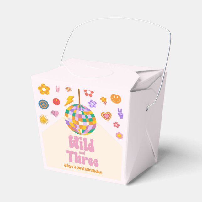 Wild and Three Retro Disco Ball 3rd Birthday Party Favor Box (Front Side)