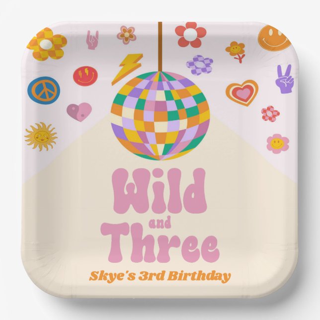 Wild and Three Retro Disco Ball 3rd Birthday Party Paper Plate (Front)