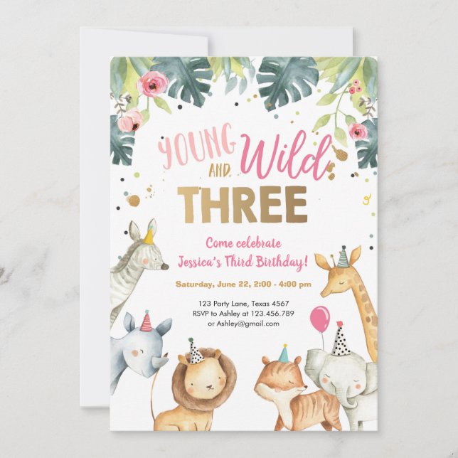 Wild and Three Safari Animaux Invitation Anniversa (Devant)