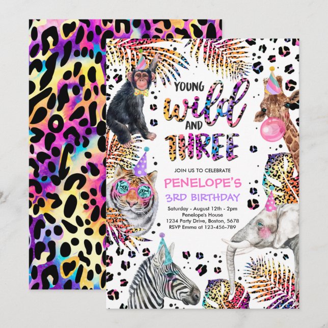 Wild And Three Safari Rainbow Cheetah 3rd Birthday Invitation (Front/Back)