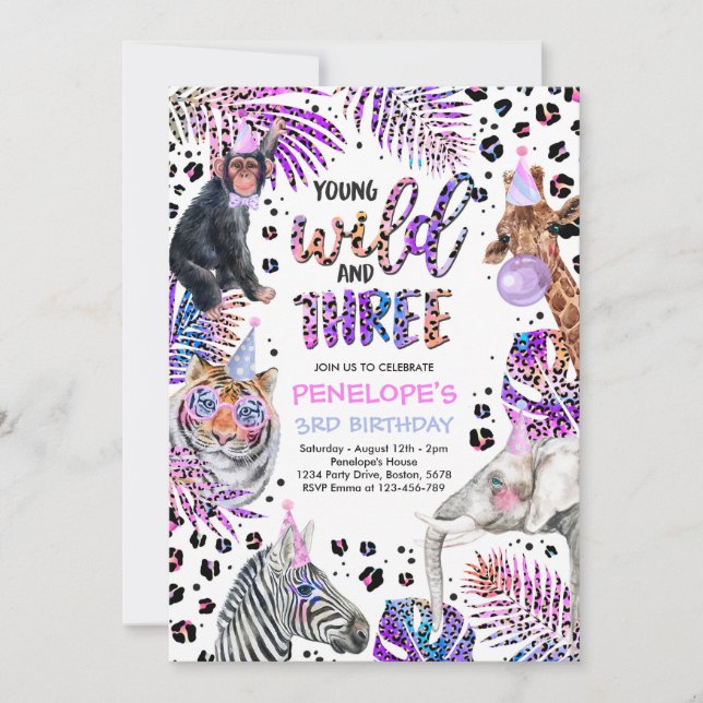 Wild And Three Safari Rainbow Cheetah 3rd Birthday Invitation (Front)