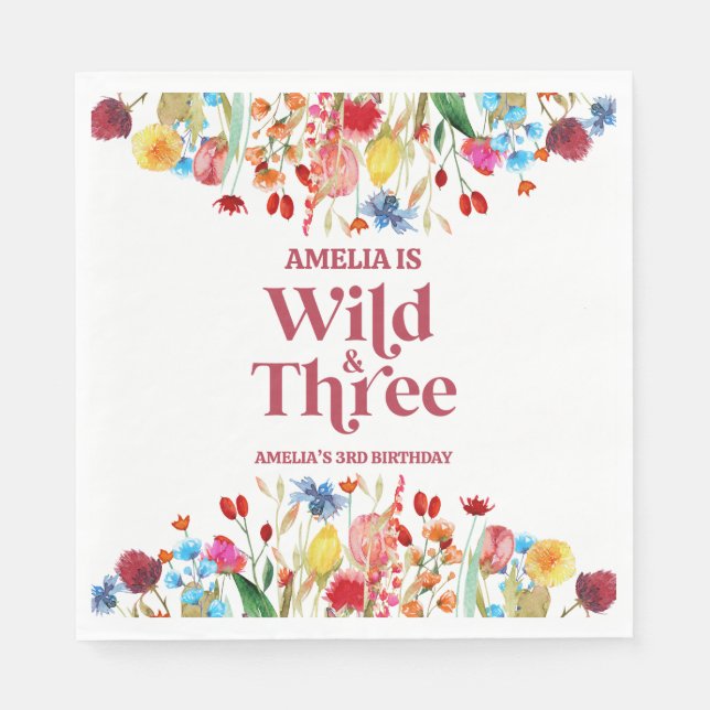Wild and Three Wildflower Third 3rd Birthday Party Napkin (Front)