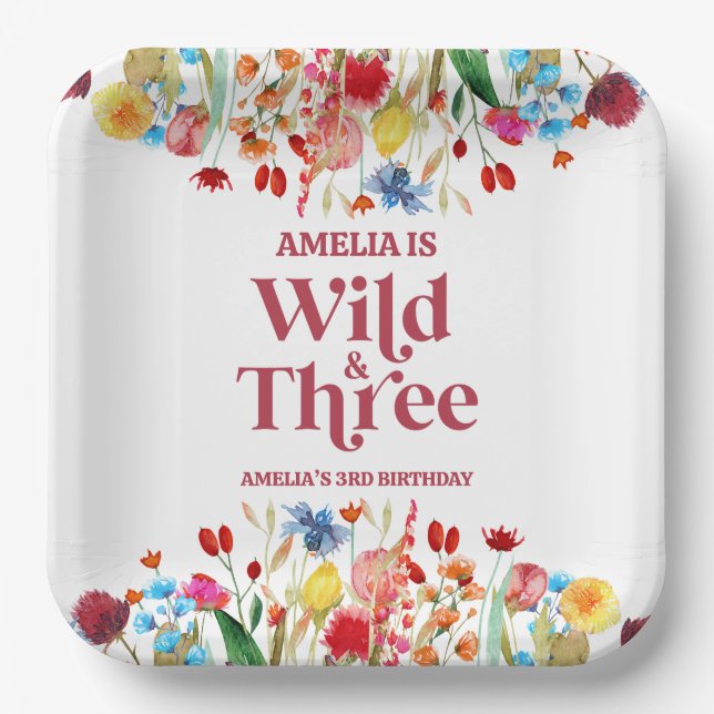 Wild and Three Wildflower Third 3rd Birthday Party Paper Plate (Front)