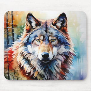 Wild and Vibrant Wolf Portrait in Watercolor Mouse Pad