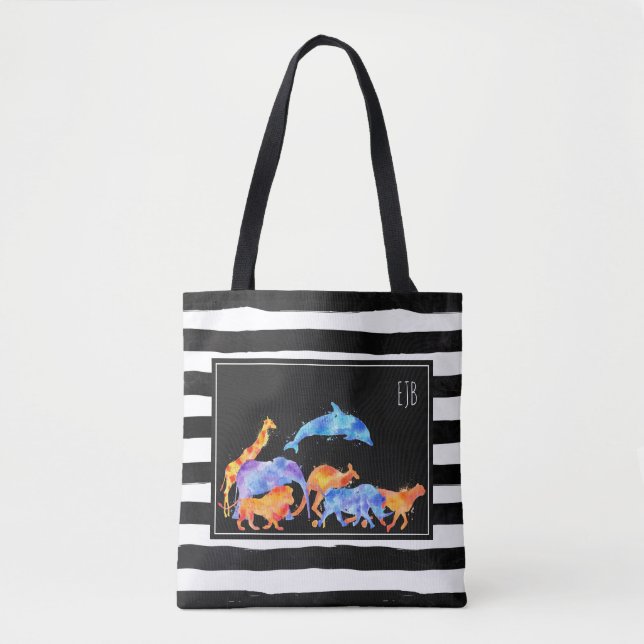 Wild Animal Herd Colourful Watercolor Monogram Tote Bag (Front)