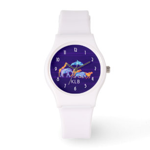 Wild Animal Herd on Purple Abstract Monogram Watch