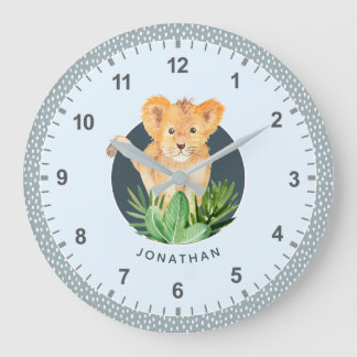 Wild Animal Lion Cub Watercolor Kids Bedroom Decor Large Clock